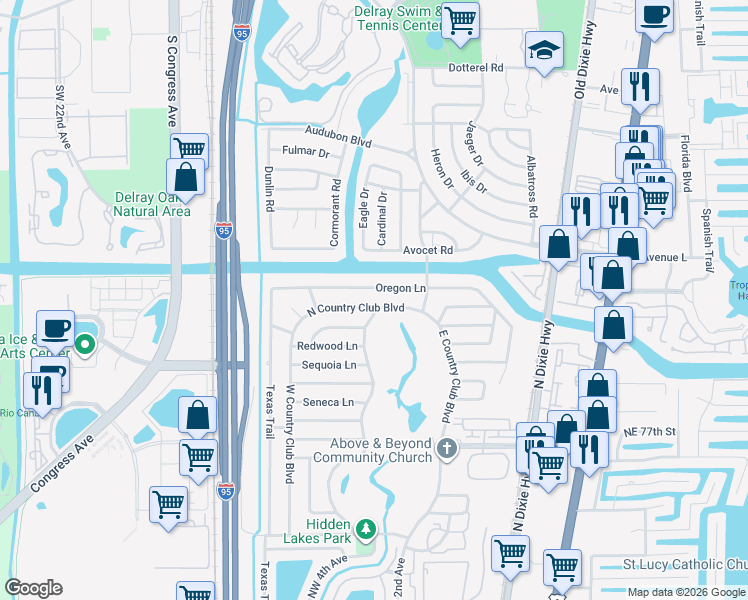 map of restaurants, bars, coffee shops, grocery stores, and more near 271 Oregon Lane in Boca Raton