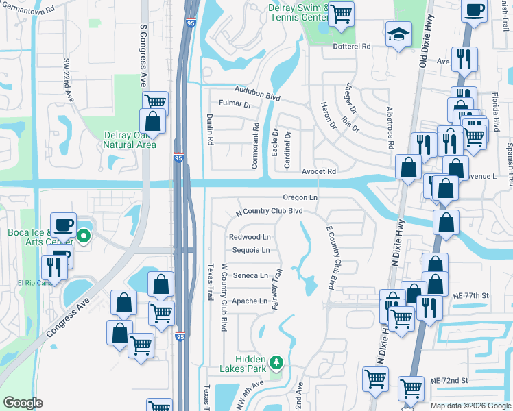 map of restaurants, bars, coffee shops, grocery stores, and more near 331 Oregon Lane in Boca Raton