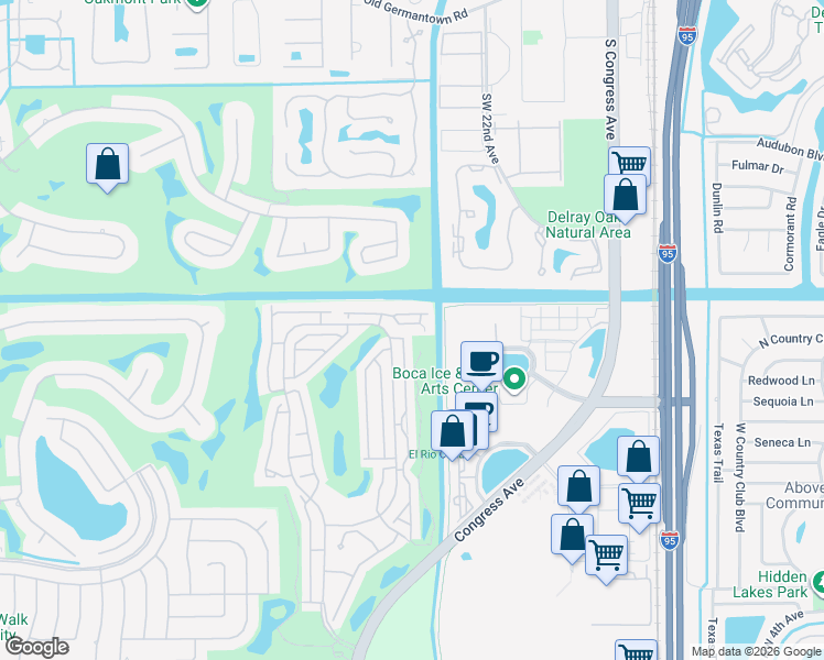map of restaurants, bars, coffee shops, grocery stores, and more near 3679 Mykonos Court in Boca Raton