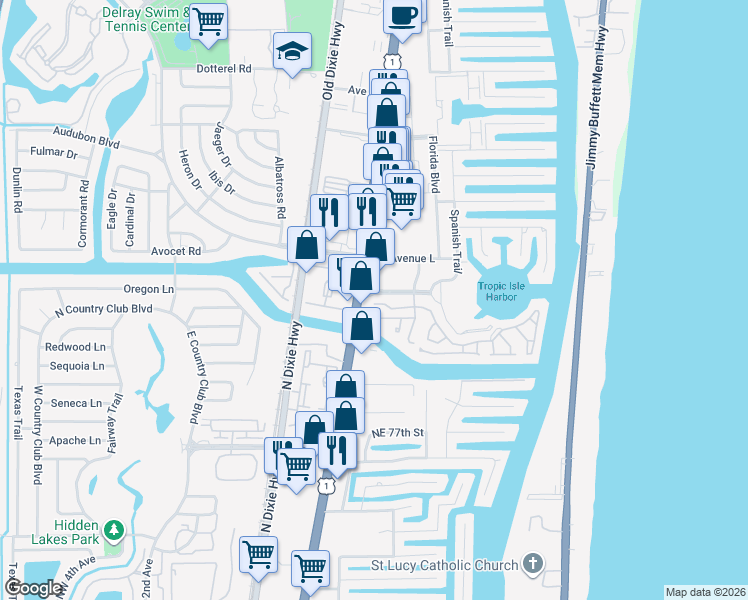 map of restaurants, bars, coffee shops, grocery stores, and more near 25 Pelican Pointe Drive in Delray Beach