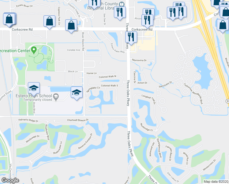 map of restaurants, bars, coffee shops, grocery stores, and more near 9904 Springlake Circle in Estero