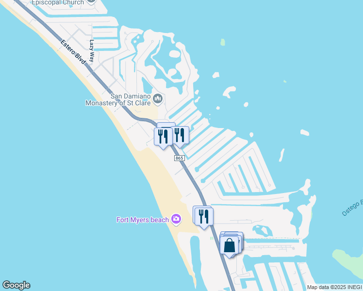 map of restaurants, bars, coffee shops, grocery stores, and more near 111 Bahia Via in Fort Myers Beach