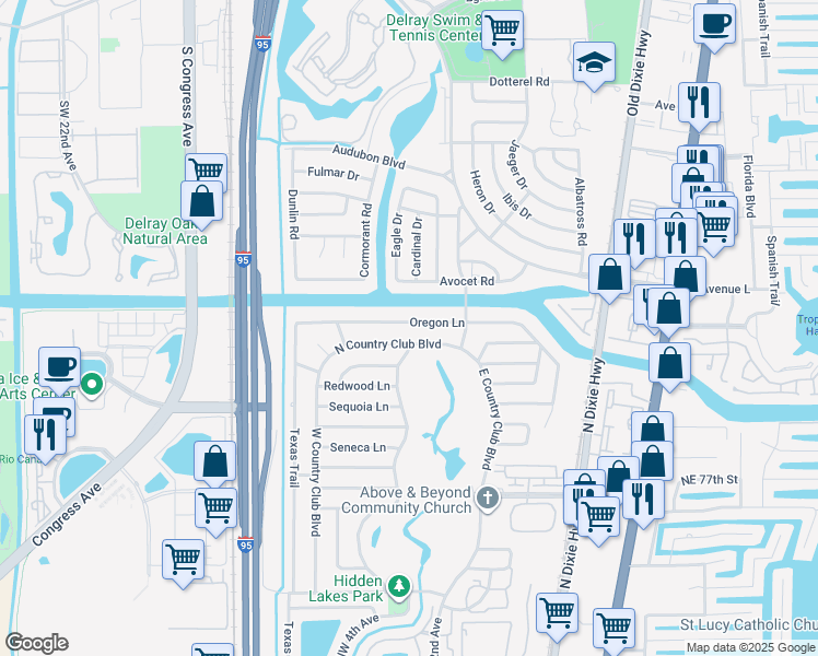 map of restaurants, bars, coffee shops, grocery stores, and more near 280 Oregon Lane in Boca Raton