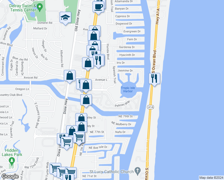 map of restaurants, bars, coffee shops, grocery stores, and more near 3401 Spanish Trail North in Delray Beach