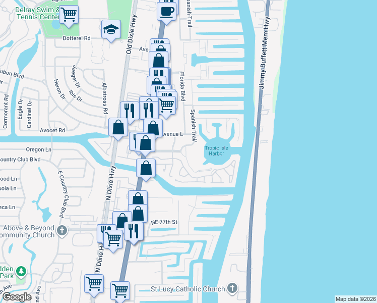 map of restaurants, bars, coffee shops, grocery stores, and more near 3401 Spanish Trail North in Delray Beach