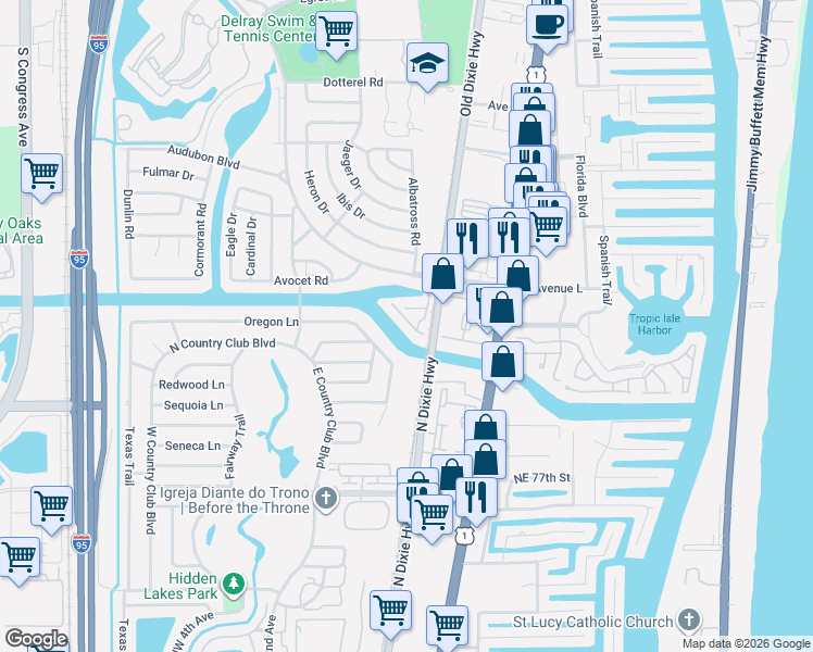 map of restaurants, bars, coffee shops, grocery stores, and more near 435 Canal Point South in Delray Beach