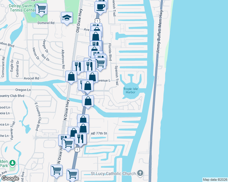 map of restaurants, bars, coffee shops, grocery stores, and more near 3401 Spanish Trail North in Delray Beach
