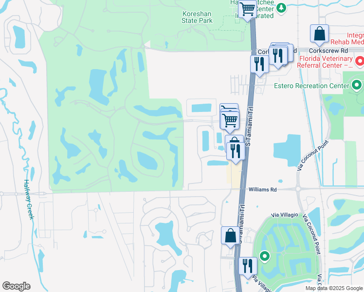 map of restaurants, bars, coffee shops, grocery stores, and more near 21896 Masters Circle in Estero