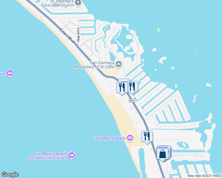 map of restaurants, bars, coffee shops, grocery stores, and more near 6070 Gulf Road in Fort Myers Beach
