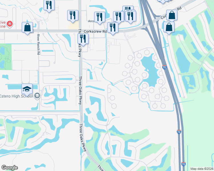 map of restaurants, bars, coffee shops, grocery stores, and more near 21500 Corkscrew Woodlands Boulevard in Estero