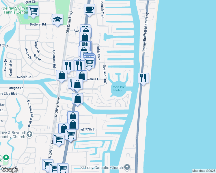 map of restaurants, bars, coffee shops, grocery stores, and more near 3351 Spanish Trail in Delray Beach