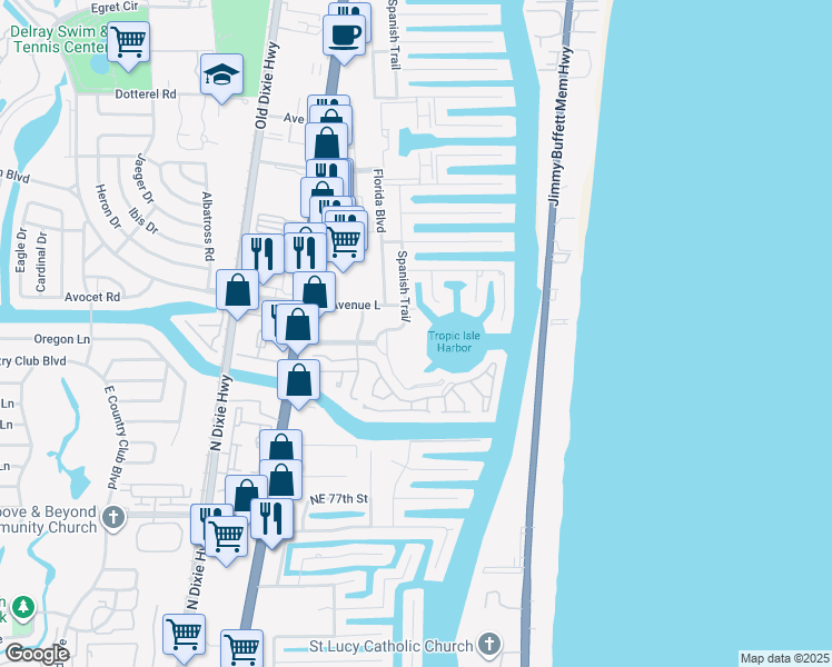 map of restaurants, bars, coffee shops, grocery stores, and more near 3351 Spanish Trail in Delray Beach