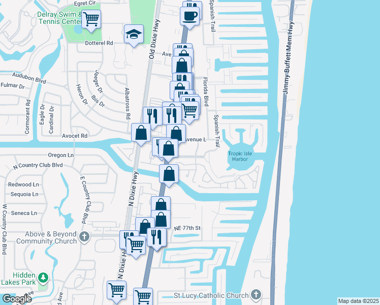 map of restaurants, bars, coffee shops, grocery stores, and more near 105 Tropic Isle Drive in Delray Beach