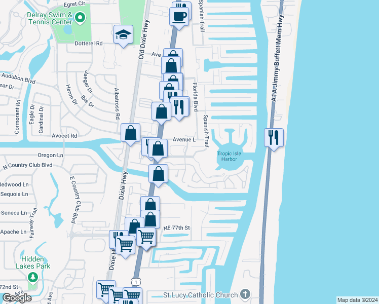 map of restaurants, bars, coffee shops, grocery stores, and more near 3275 Frederick Boulevard in Delray Beach