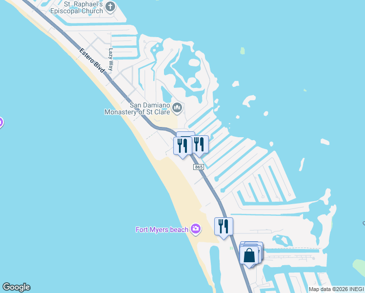 map of restaurants, bars, coffee shops, grocery stores, and more near 6100 Estero Boulevard in Fort Myers Beach