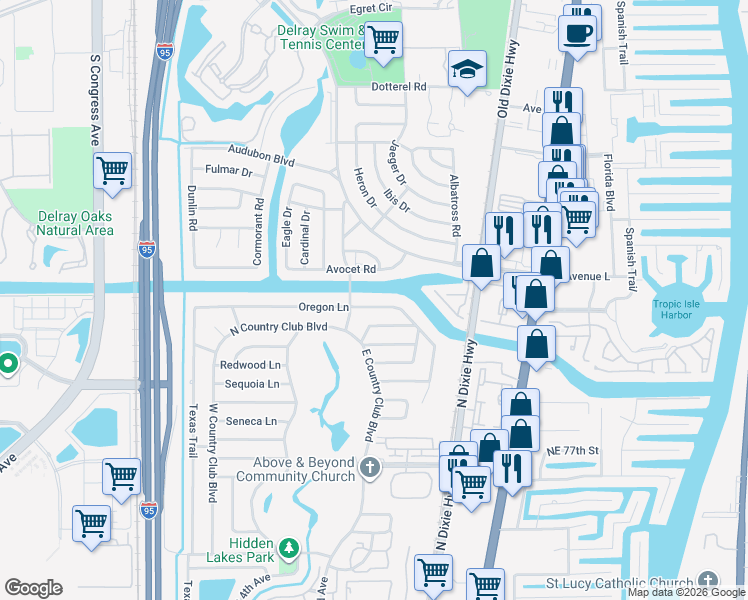 map of restaurants, bars, coffee shops, grocery stores, and more near 159 Oregon Lane in Boca Raton