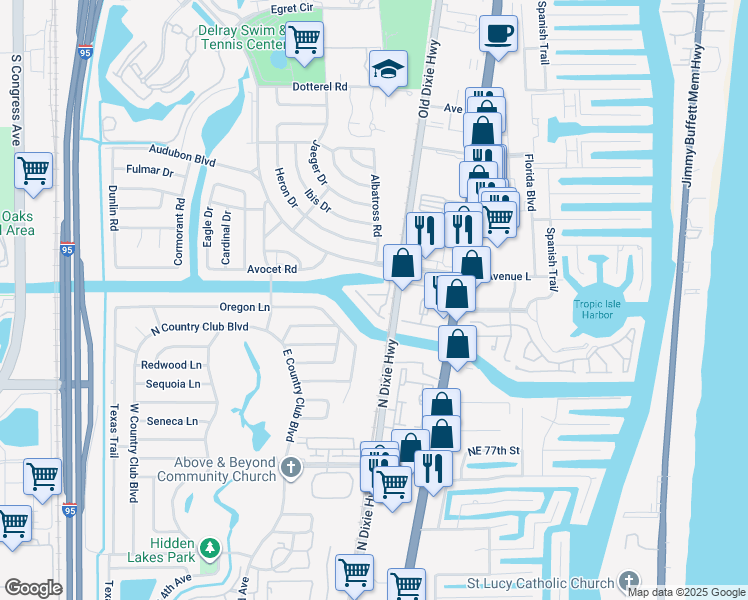 map of restaurants, bars, coffee shops, grocery stores, and more near 435 Canal Point South in Delray Beach