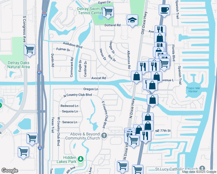map of restaurants, bars, coffee shops, grocery stores, and more near 159 Oregon Lane in Boca Raton