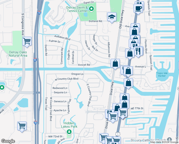 map of restaurants, bars, coffee shops, grocery stores, and more near 159 Oregon Lane in Boca Raton