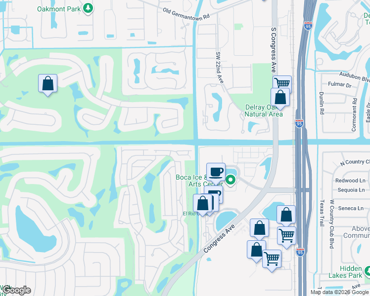 map of restaurants, bars, coffee shops, grocery stores, and more near 3679 Mykonos Court in Boca Raton
