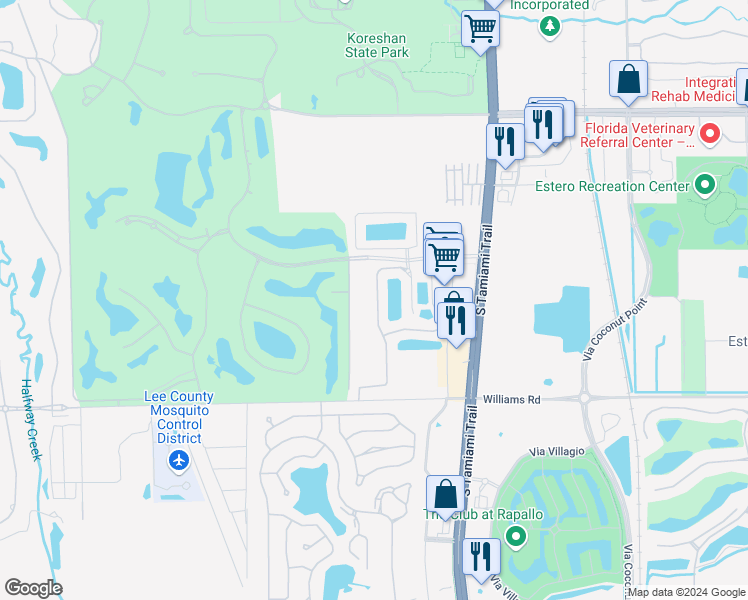map of restaurants, bars, coffee shops, grocery stores, and more near 282 Baccarat Lane in Estero