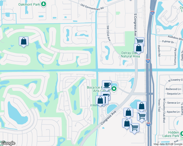 map of restaurants, bars, coffee shops, grocery stores, and more near 3679 Mykonos Court in Boca Raton