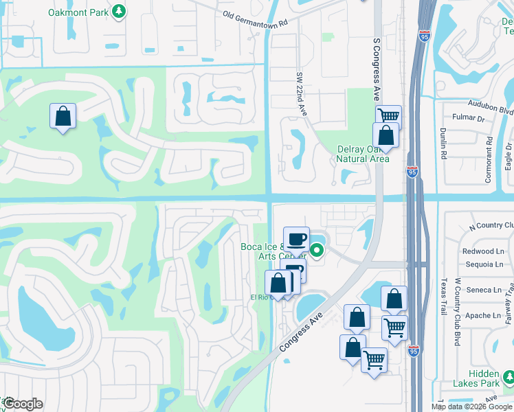 map of restaurants, bars, coffee shops, grocery stores, and more near 3679 Mykonos Court in Boca Raton