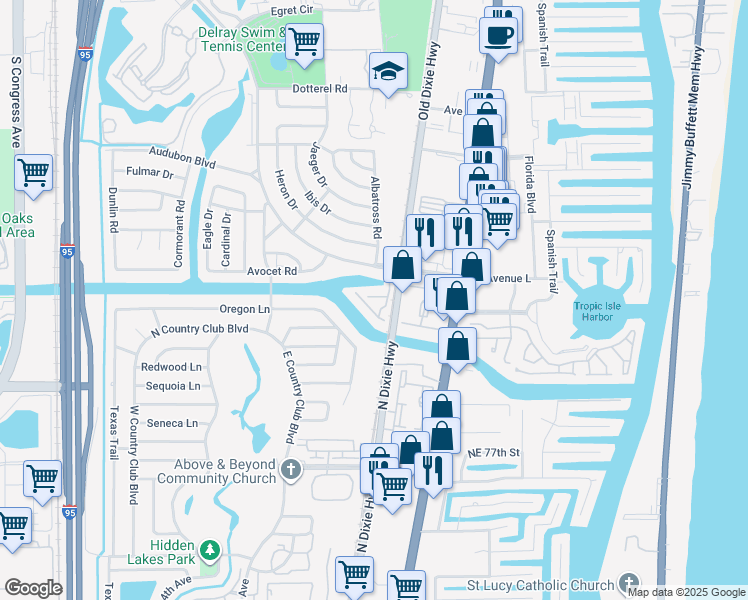 map of restaurants, bars, coffee shops, grocery stores, and more near 435 Canal Point South in Delray Beach