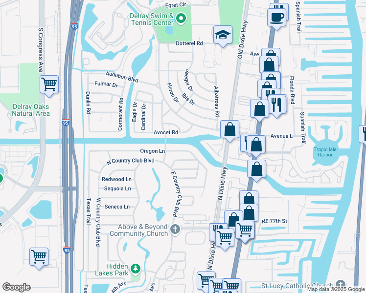 map of restaurants, bars, coffee shops, grocery stores, and more near 159 Oregon Lane in Boca Raton