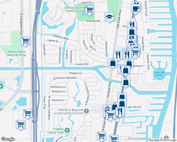 map of restaurants, bars, coffee shops, grocery stores, and more near 159 Oregon Lane in Boca Raton