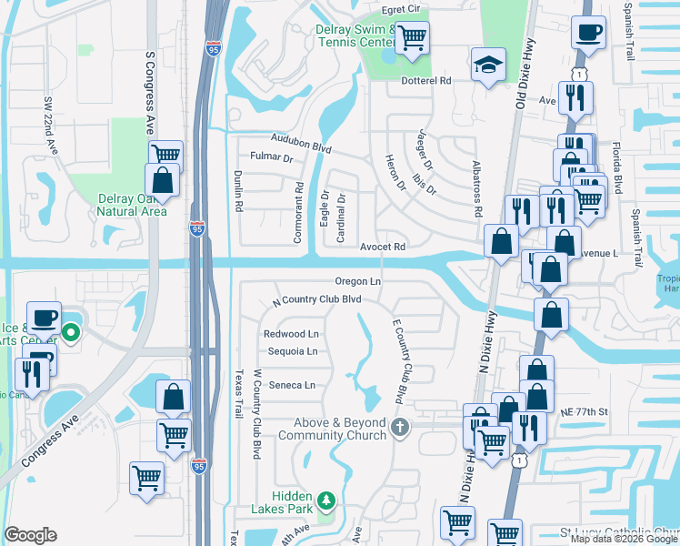 map of restaurants, bars, coffee shops, grocery stores, and more near 271 Oregon Lane in Boca Raton