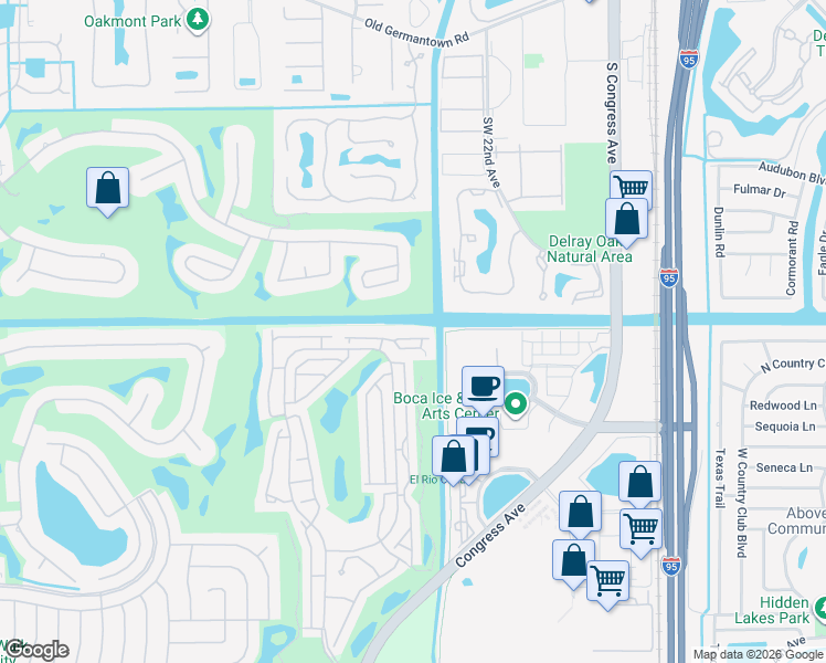 map of restaurants, bars, coffee shops, grocery stores, and more near 3679 Mykonos Court in Boca Raton