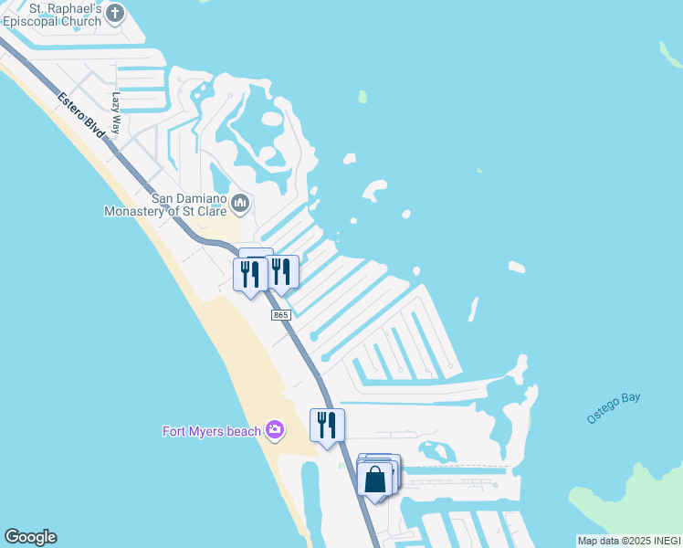 map of restaurants, bars, coffee shops, grocery stores, and more near 256 Curlew Street in Fort Myers Beach