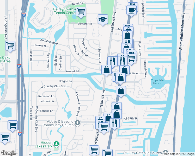 map of restaurants, bars, coffee shops, grocery stores, and more near 435 Canal Point South in Delray Beach