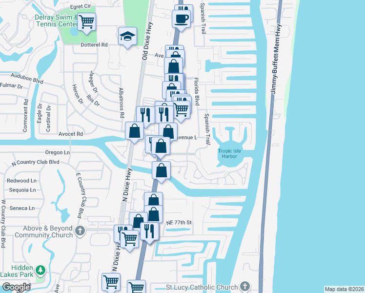 map of restaurants, bars, coffee shops, grocery stores, and more near 3275 Frederick Boulevard in Delray Beach
