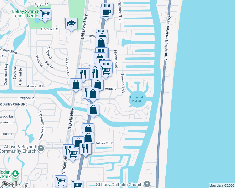 map of restaurants, bars, coffee shops, grocery stores, and more near 3401 Spanish Trail North in Delray Beach