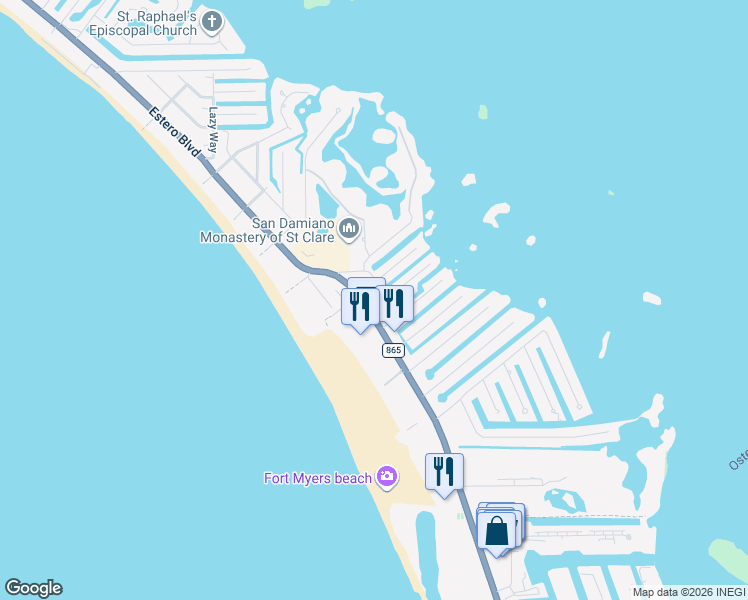 map of restaurants, bars, coffee shops, grocery stores, and more near 111 Bahia Via in Fort Myers Beach