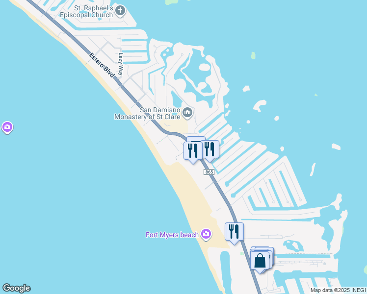 map of restaurants, bars, coffee shops, grocery stores, and more near 6100 Estero Boulevard in Fort Myers Beach