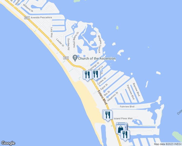 map of restaurants, bars, coffee shops, grocery stores, and more near 111 Bahia Via in Fort Myers Beach