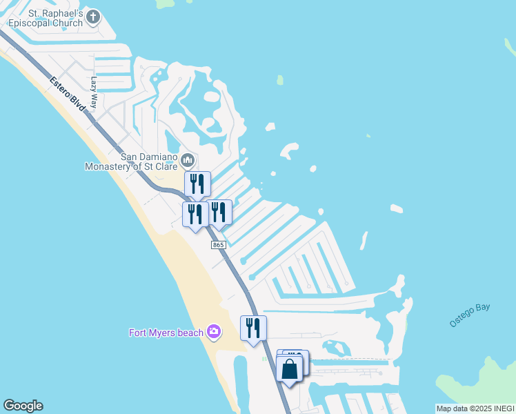 map of restaurants, bars, coffee shops, grocery stores, and more near 256 Curlew Street in Fort Myers Beach