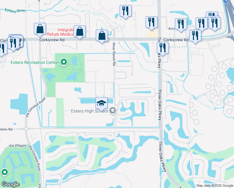 map of restaurants, bars, coffee shops, grocery stores, and more near 9841 Colonial Walk South in Estero
