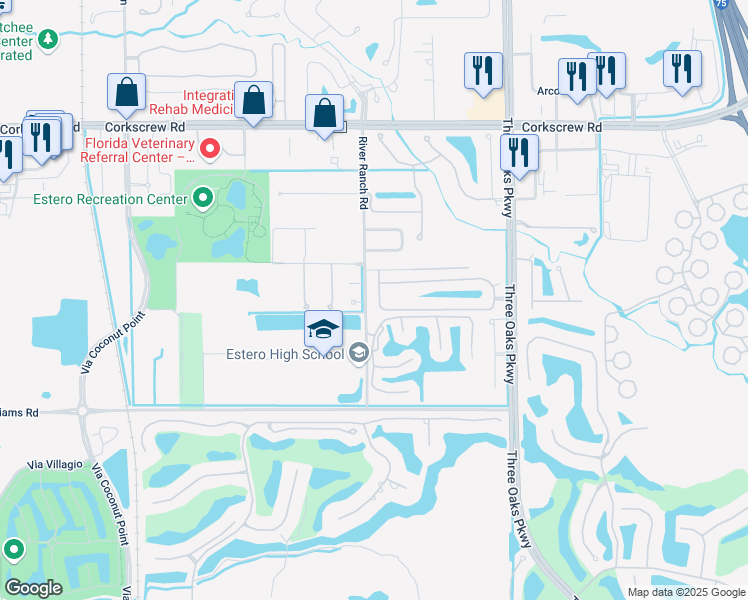 map of restaurants, bars, coffee shops, grocery stores, and more near 9841 Colonial Walk South in Estero