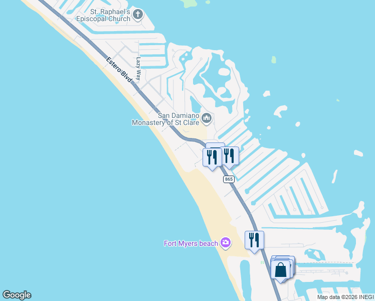 map of restaurants, bars, coffee shops, grocery stores, and more near 6070 Gulf Road in Fort Myers Beach