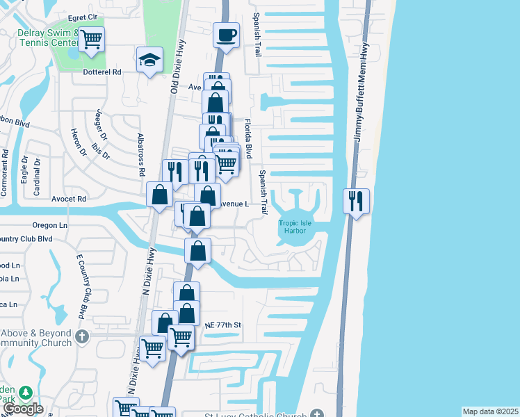 map of restaurants, bars, coffee shops, grocery stores, and more near 3401 Spanish Trail North in Delray Beach