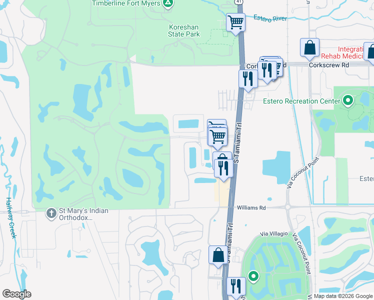 map of restaurants, bars, coffee shops, grocery stores, and more near 203 Baccarat in Estero