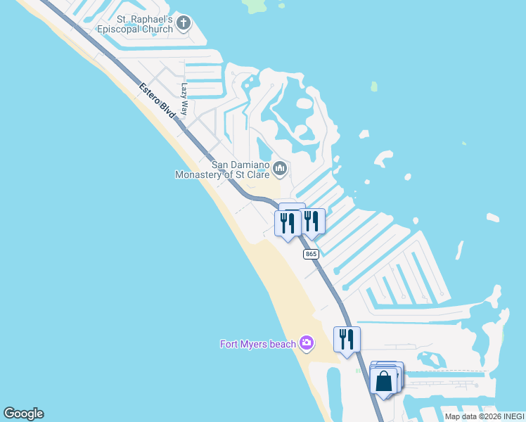 map of restaurants, bars, coffee shops, grocery stores, and more near 6020 Estero Boulevard in Fort Myers Beach
