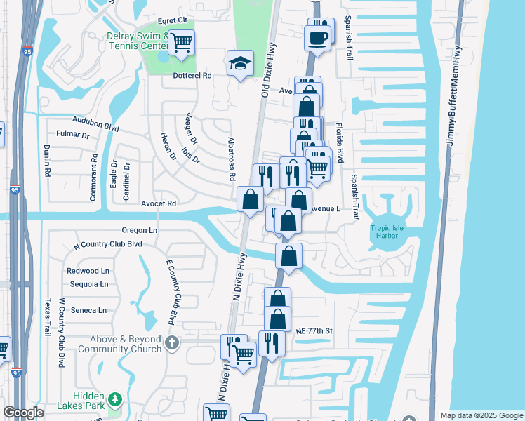 map of restaurants, bars, coffee shops, grocery stores, and more near 212 South Latitude Circle in Delray Beach