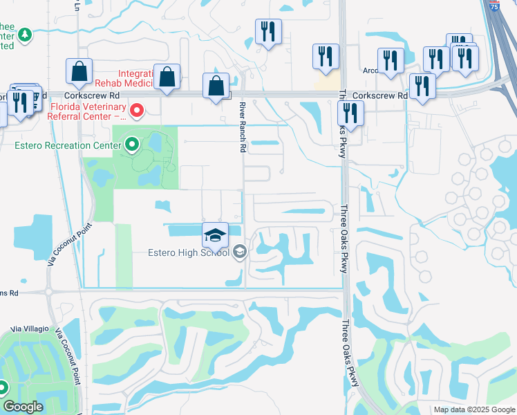 map of restaurants, bars, coffee shops, grocery stores, and more near 9840 Colonial Walk South in Estero