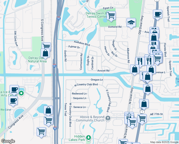 map of restaurants, bars, coffee shops, grocery stores, and more near 1169 Avocet Road in Delray Beach