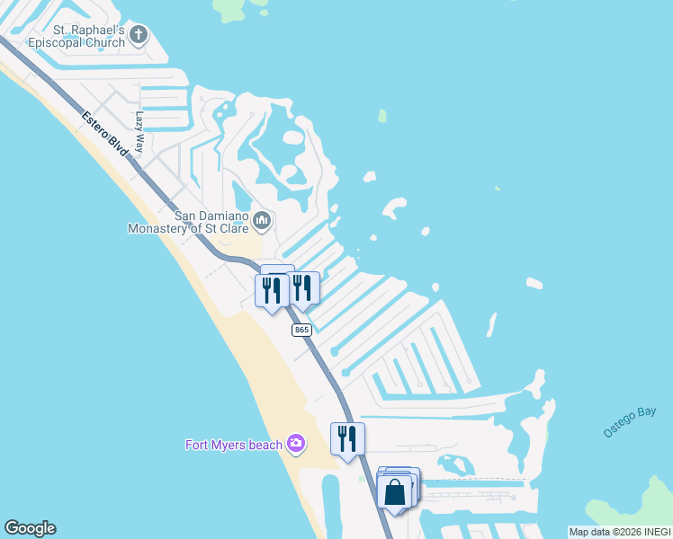 map of restaurants, bars, coffee shops, grocery stores, and more near 248 Driftwood Lane in Fort Myers Beach